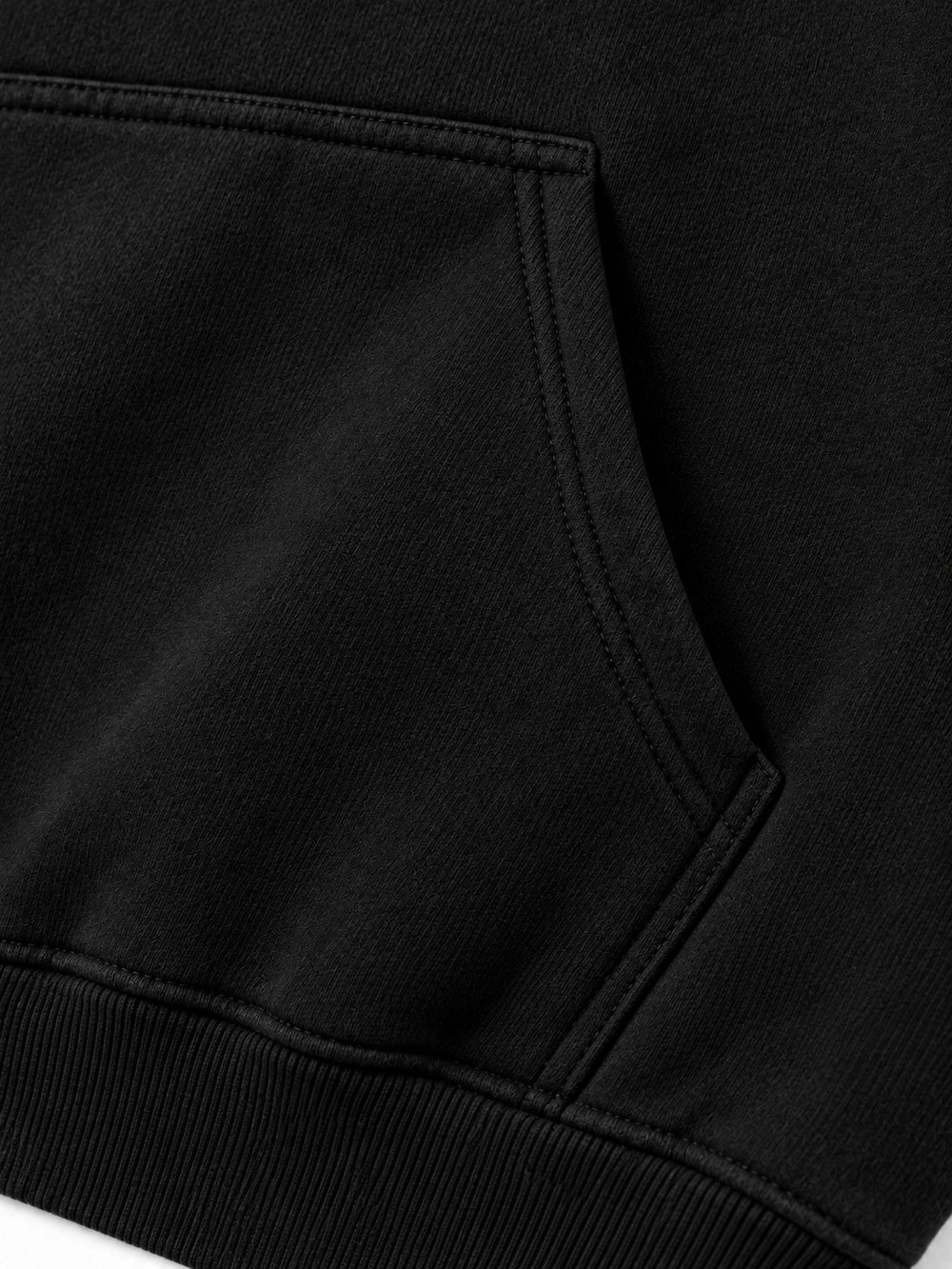 Close-up of the seam stitching of the Lava Lines black puff print boxy hoodie