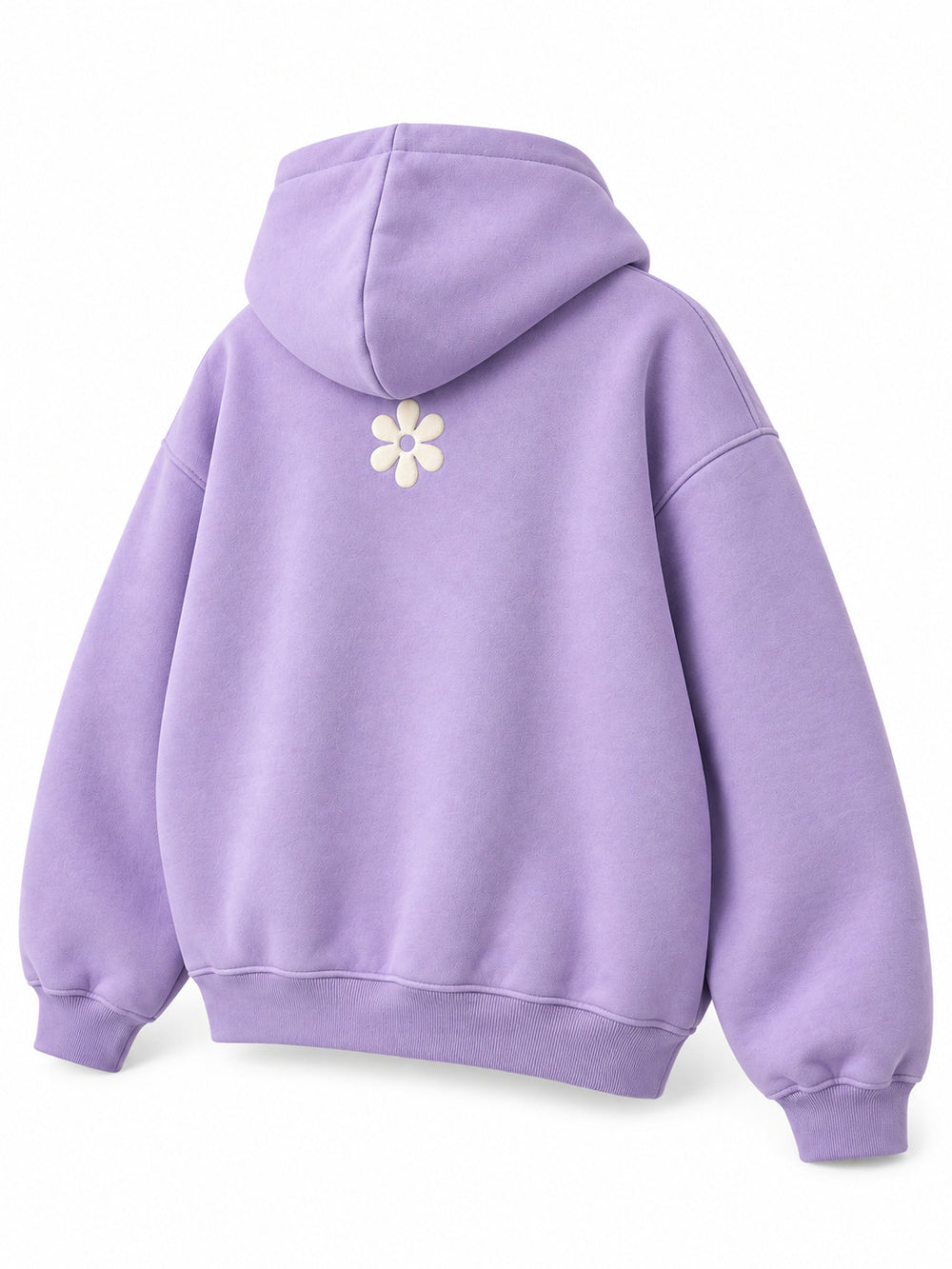 Rear three-quarter view of the Lilac Bloom lilac puff print oversized hoodie