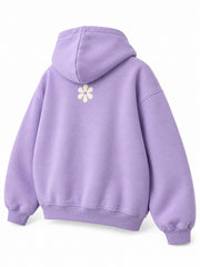 Rear three-quarter view of the Lilac Bloom lilac puff print oversized hoodie