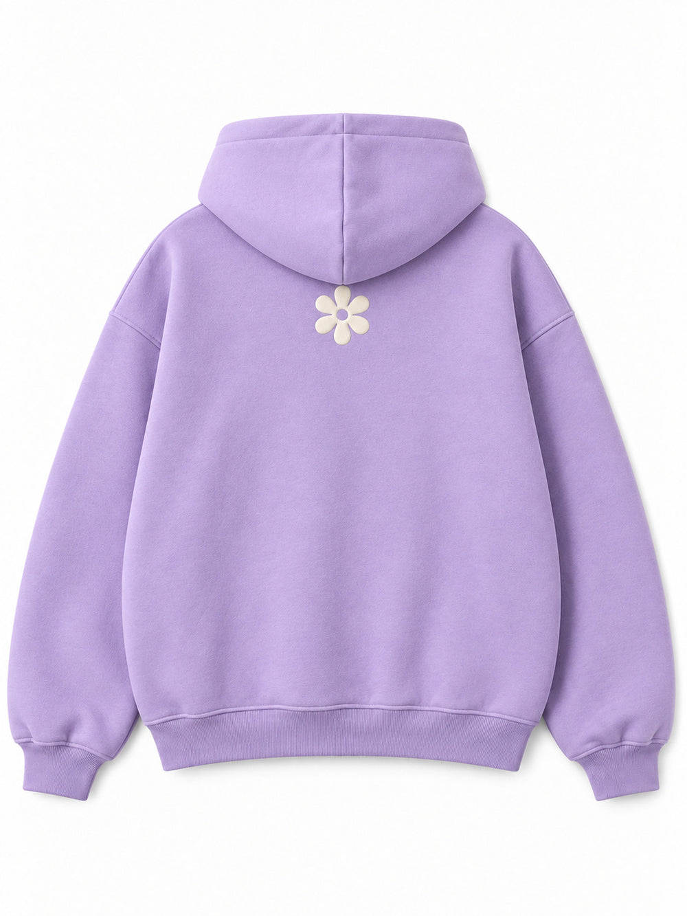 Back view of the Lilac Bloom lilac puff print oversized hoodie with a smaller ivory daisy below the hood