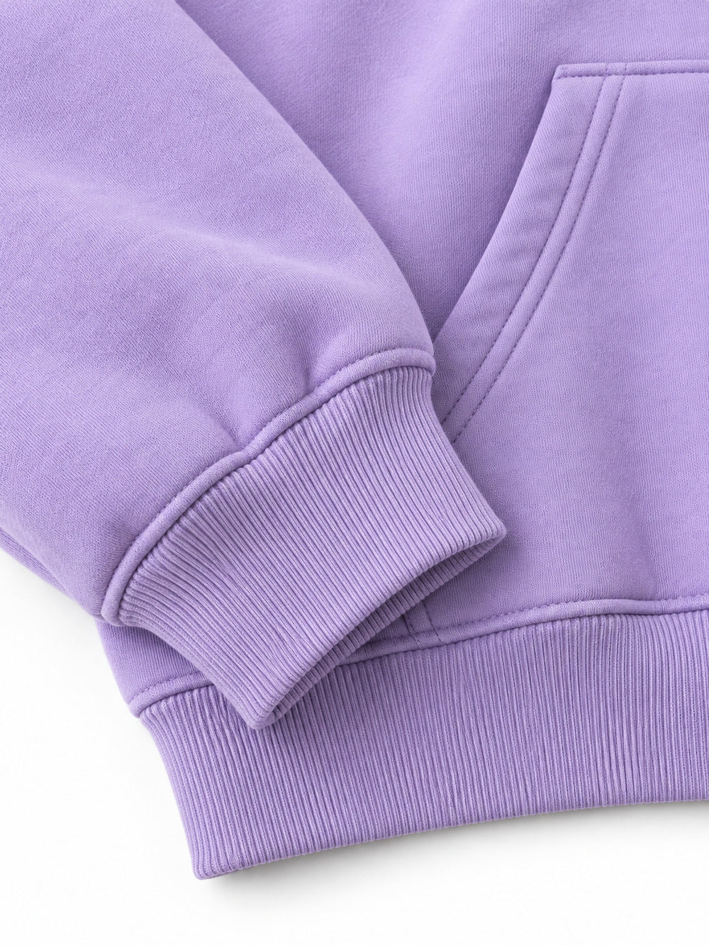 Close-up of the cuff and hem rib of the Lilac Bloom lilac puff print oversized hoodie