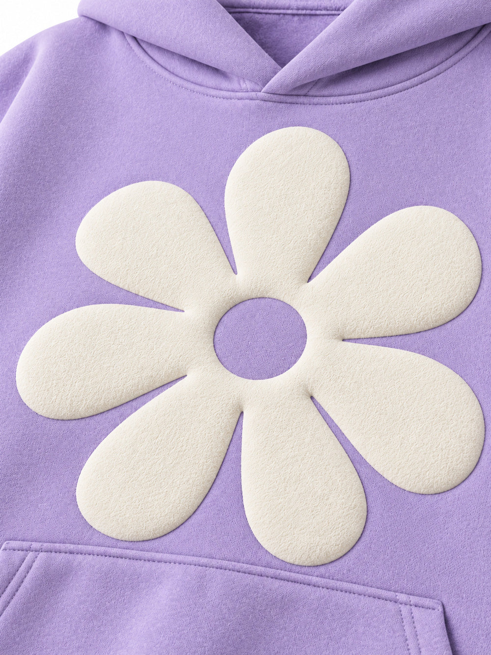 Close-up of the puff print decoration on the Lilac Bloom lilac puff print oversized hoodie