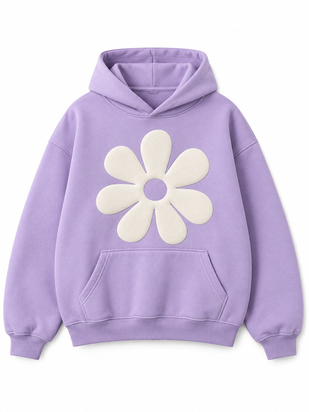 Front view of the Lilac Bloom lilac puff print oversized hoodie with a large ivory puff-print daisy on the chest