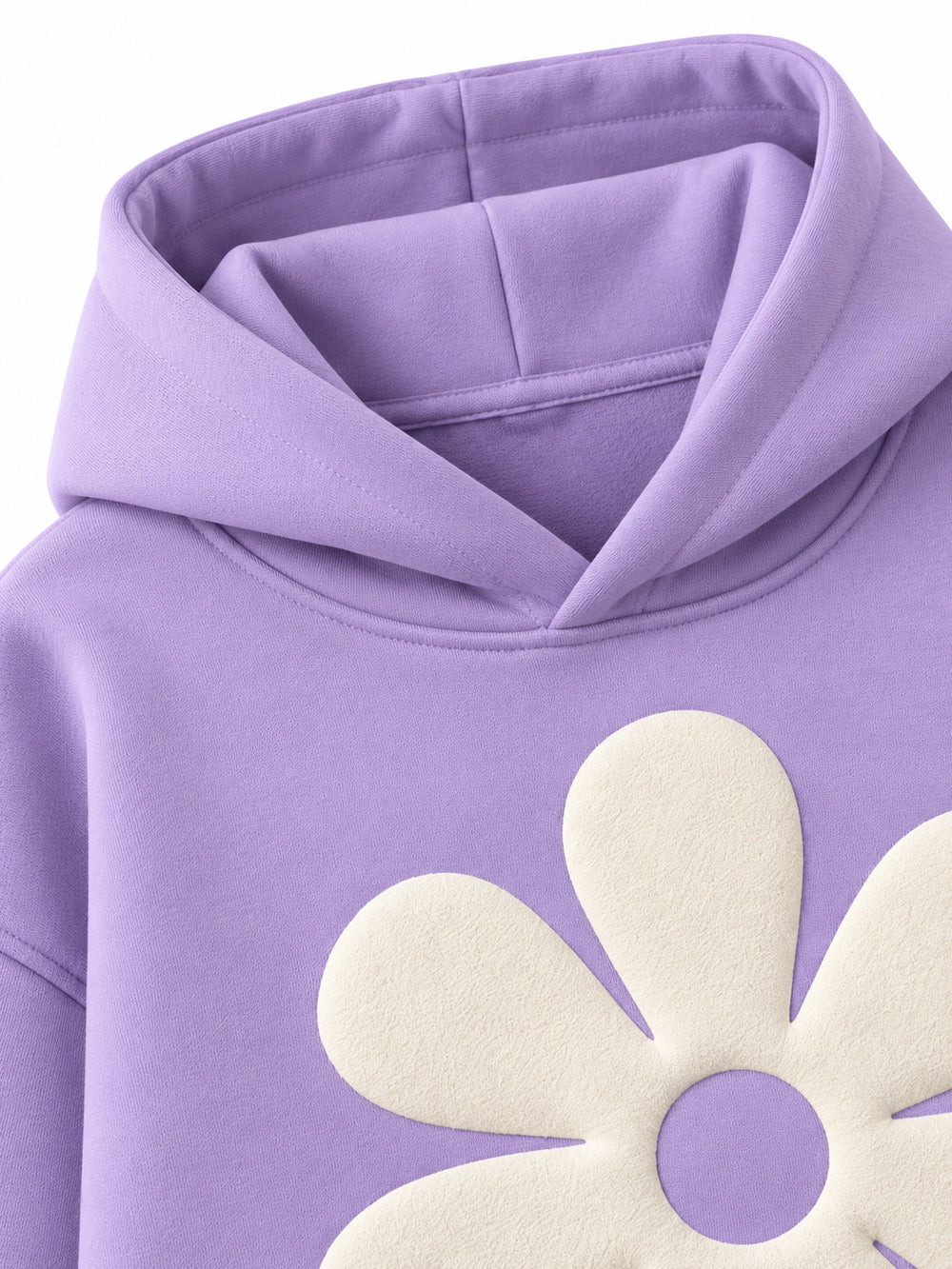 Close-up of the hood and neckline of the Lilac Bloom lilac puff print oversized hoodie