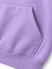 Close-up of the seam stitching of the Lilac Bloom lilac puff print oversized hoodie