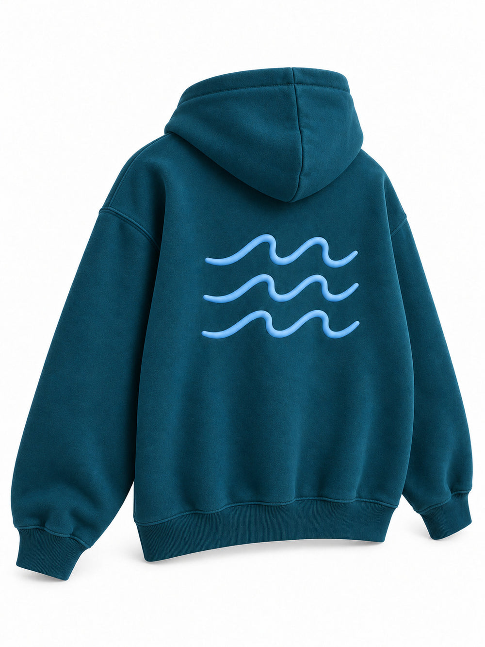 Rear three-quarter view of the Ocean Pulse deep teal puff print hoodie