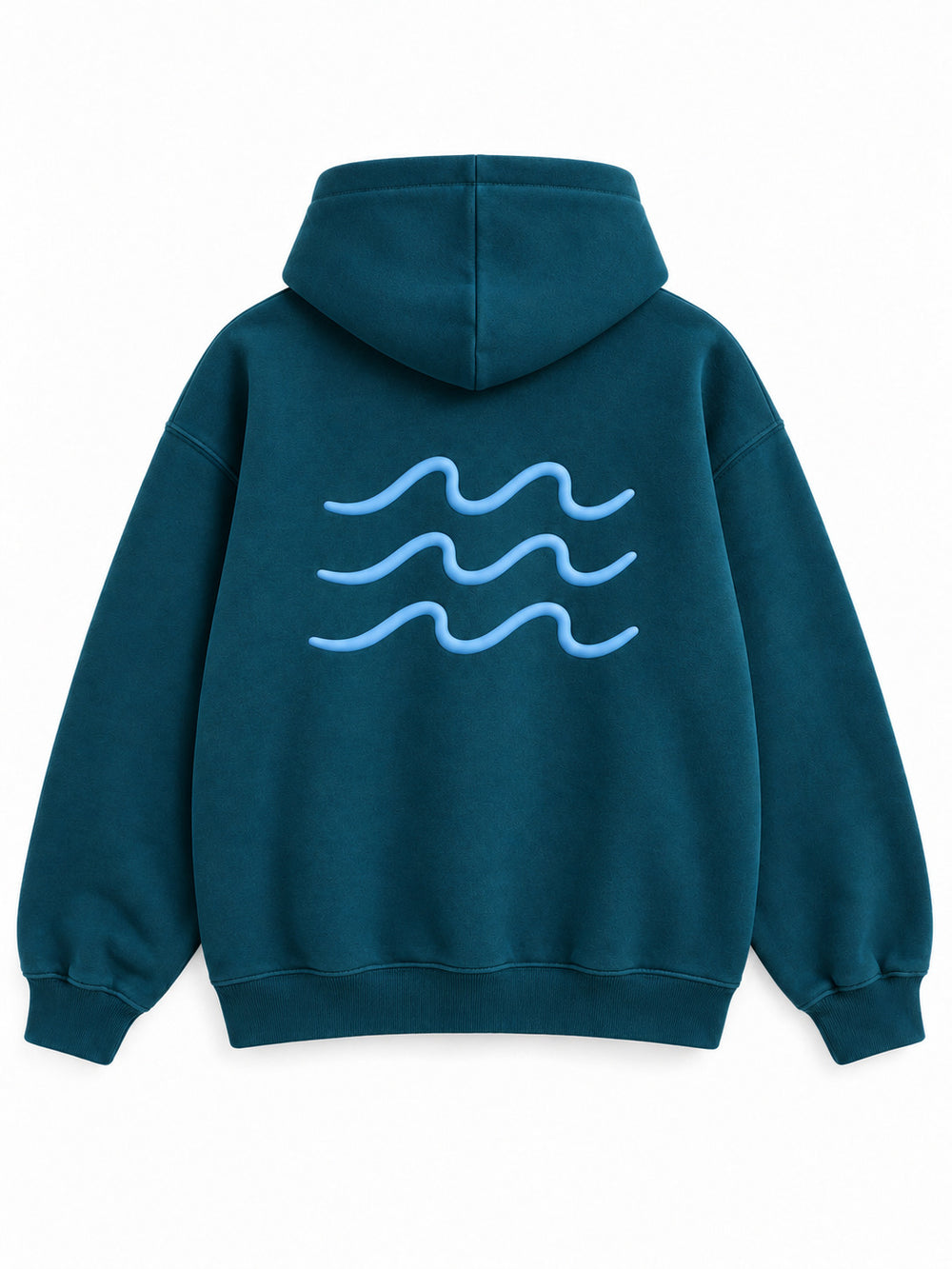 Back view of the Ocean Pulse deep teal puff print hoodie with three pale-blue rows of rolling waves
