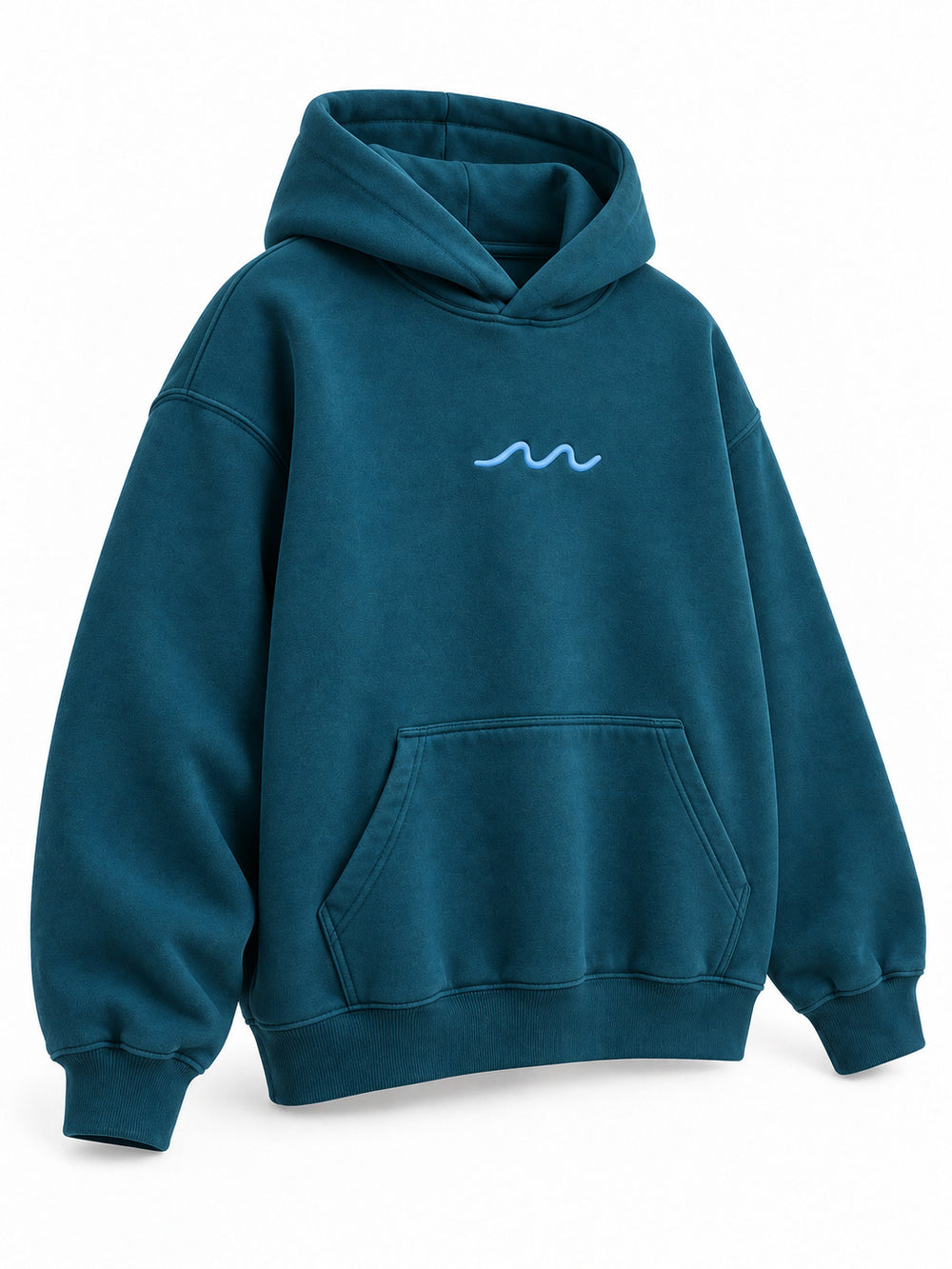 Front three-quarter view of the Ocean Pulse deep teal puff print hoodie