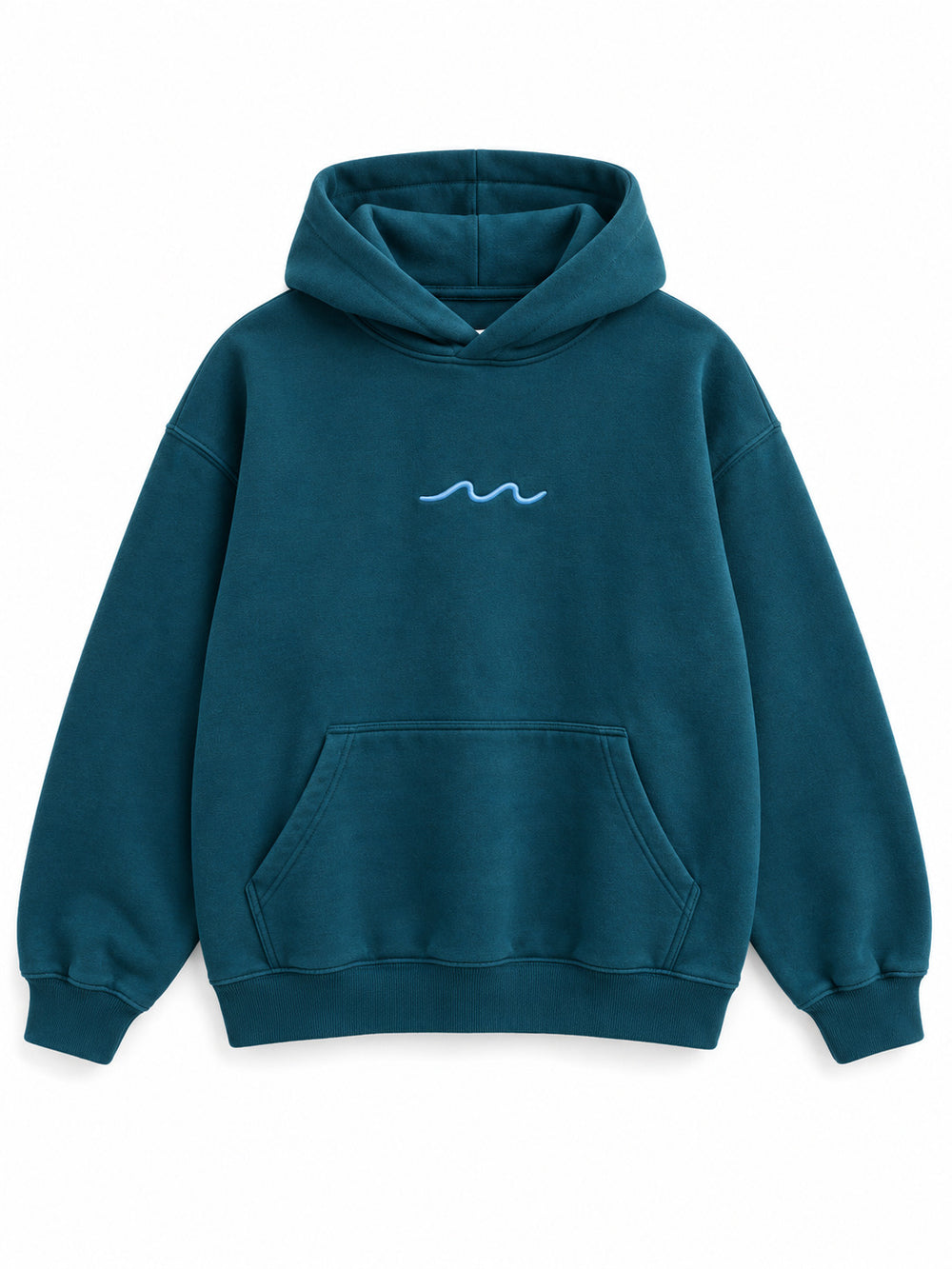 Front view of the Ocean Pulse deep teal puff print hoodie with a small pale-blue wave at the center chest