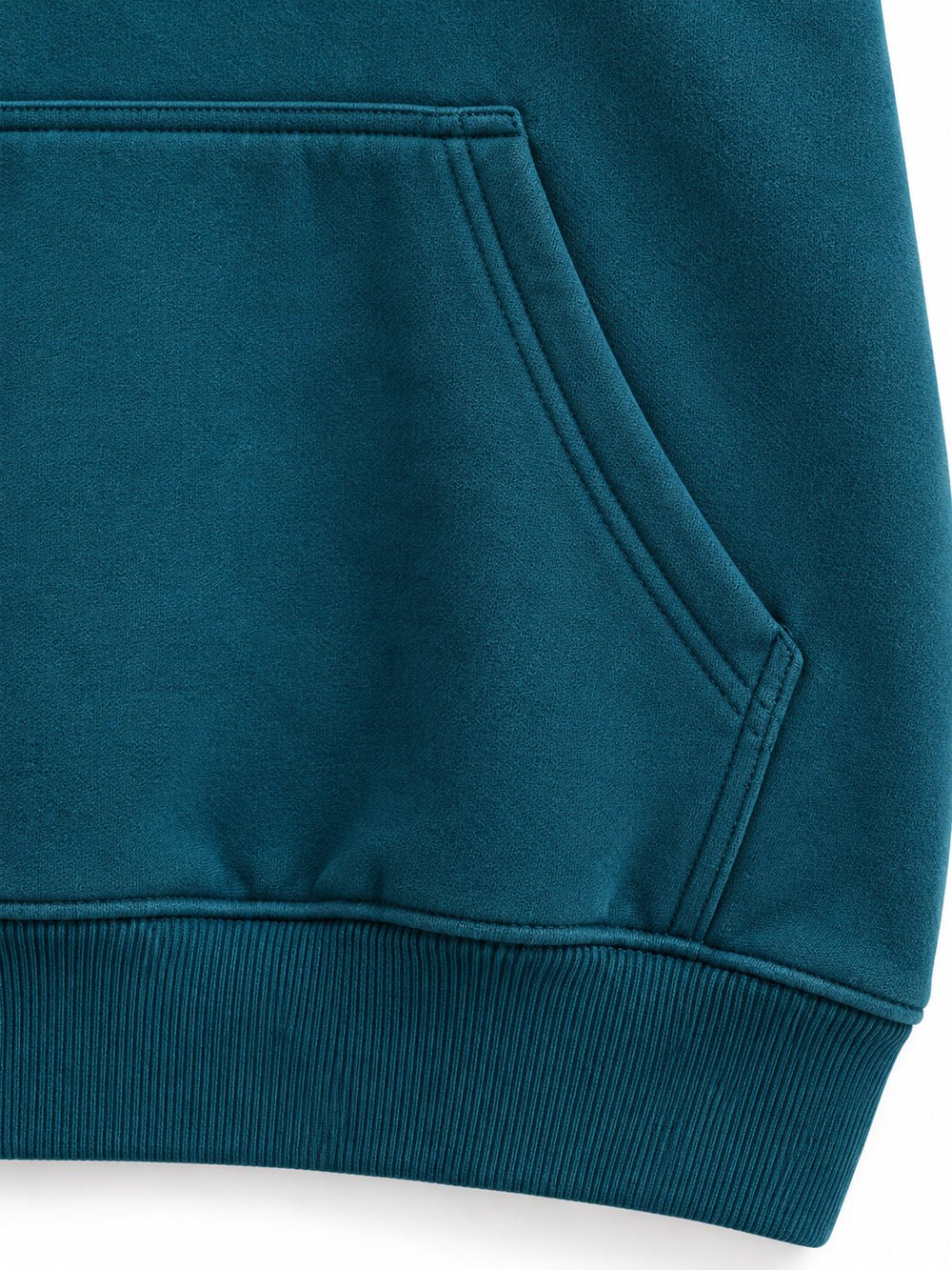 Close-up of the seam stitching of the Ocean Pulse deep teal puff print hoodie