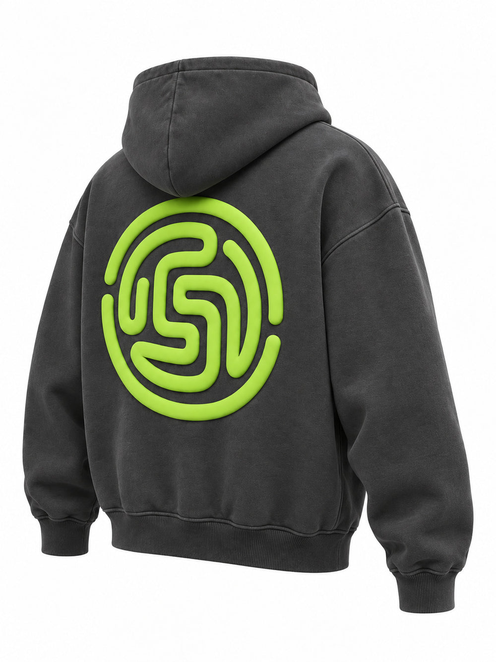 Rear three-quarter view of the Off Grid charcoal puff print boxy hoodie