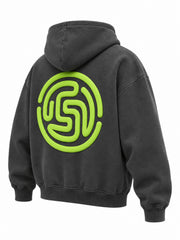 Rear three-quarter view of the Off Grid charcoal puff print boxy hoodie
