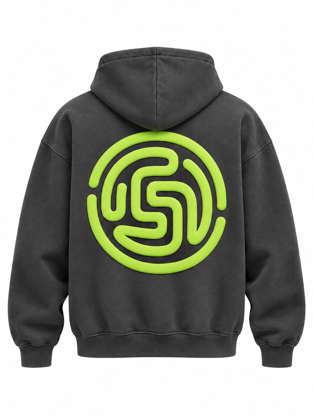 Back view of the Off Grid charcoal puff print boxy hoodie with large lime rounded maze symbol in puff print
