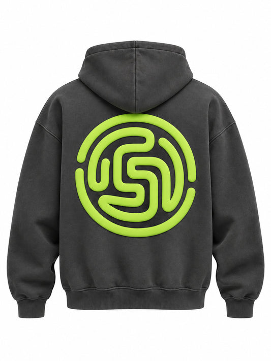 Back view of the Off Grid charcoal puff print boxy hoodie with large lime rounded maze symbol in puff print
