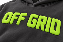 Close-up of the puff print decoration on the Off Grid charcoal puff print boxy hoodie