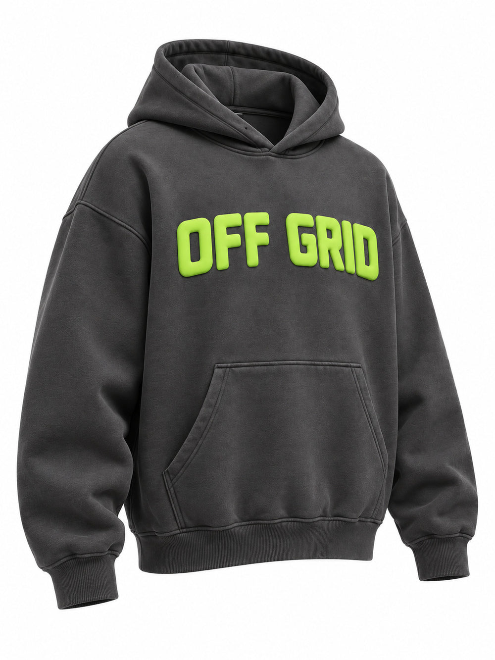 Front three-quarter view of the Off Grid charcoal puff print boxy hoodie