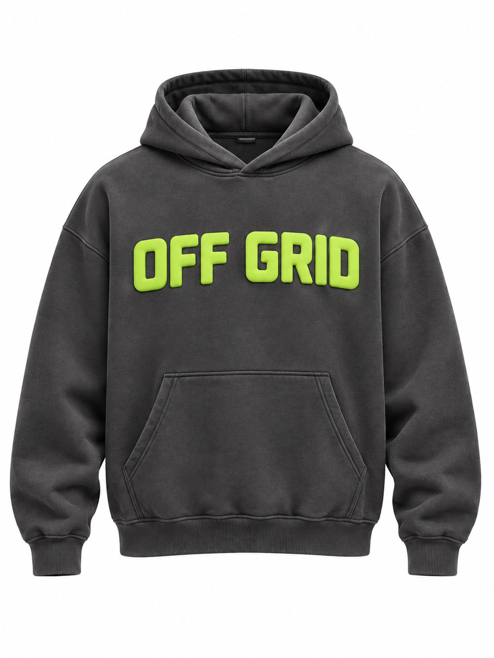 Front view of the Off Grid charcoal puff print boxy hoodie with lime OFF GRID block lettering in puff print