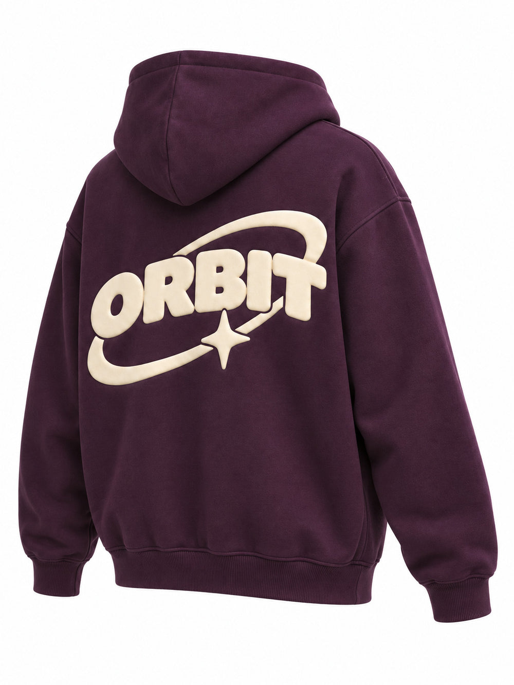 Rear three-quarter view of the Orbit dark plum puff print oversized hoodie