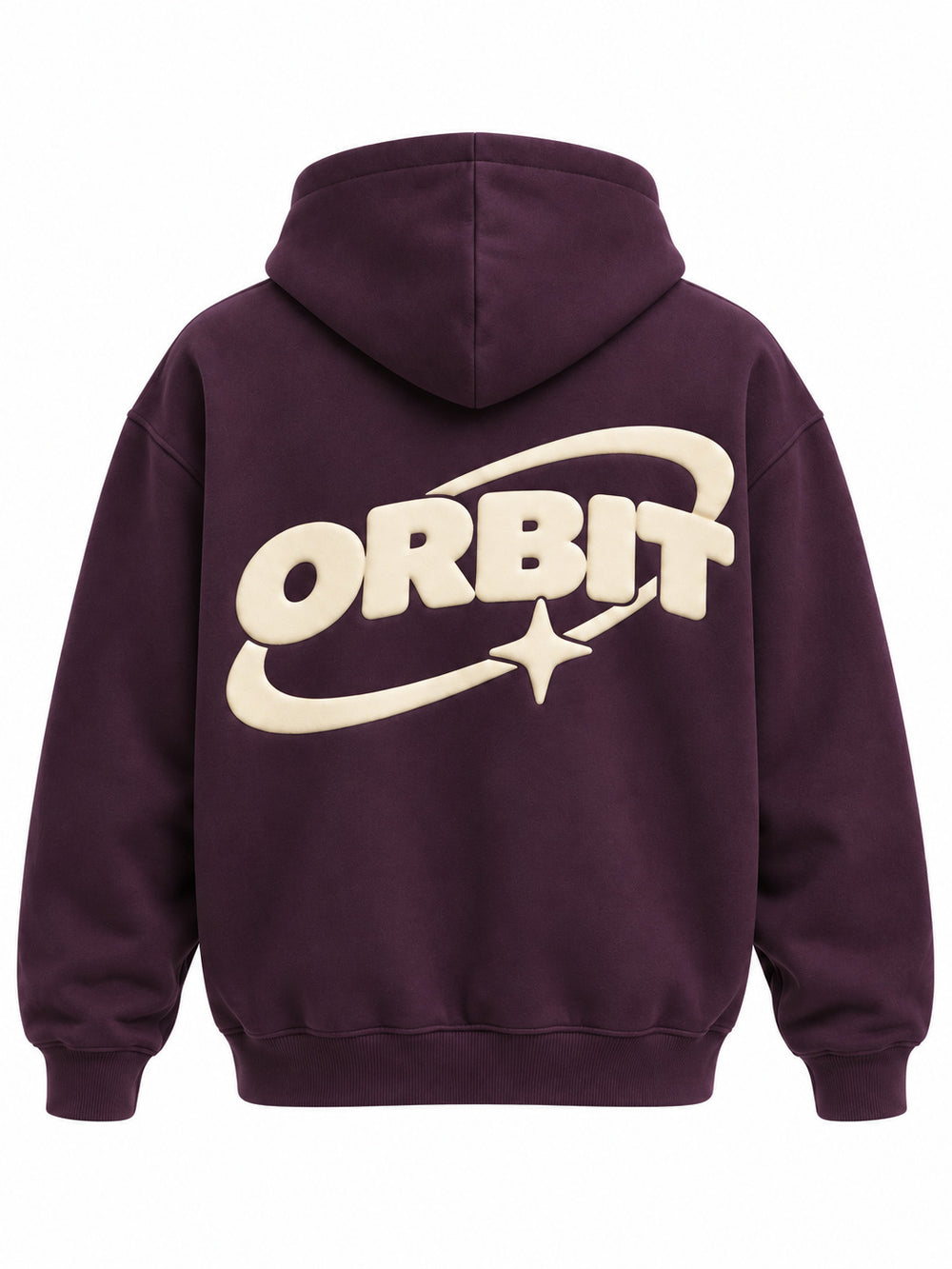 Back view of the Orbit dark plum puff print oversized hoodie with large cream ORBIT lettering with a bold orbit ring in puff print
