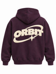 Back view of the Orbit dark plum puff print oversized hoodie with large cream ORBIT lettering with a bold orbit ring in puff print