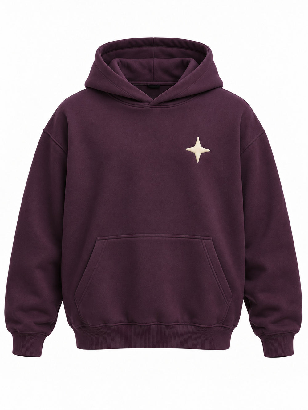 Front view of the Orbit dark plum puff print oversized hoodie with small cream four-point star in puff print