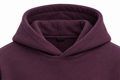 Close-up of the hood and neckline of the Orbit dark plum puff print oversized hoodie