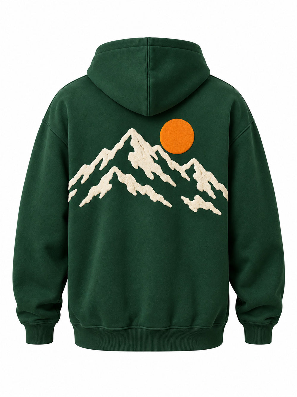 Back view of the Outside pine green puff print hoodie with cream mountain silhouette with an orange puff-print sun
