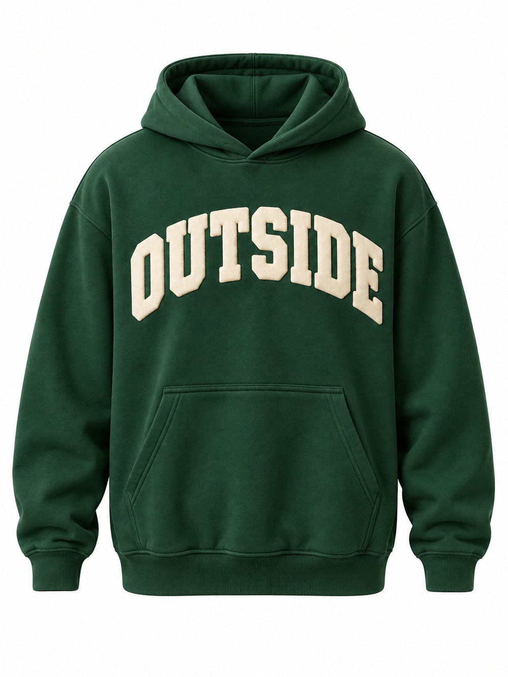 Front view of the Outside pine green puff print hoodie with large ivory OUTSIDE arch lettering in puff print