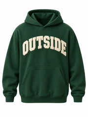 Front view of the Outside pine green puff print hoodie with large ivory OUTSIDE arch lettering in puff print