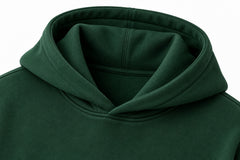 Close-up of the hood and neckline of the Outside pine green puff print hoodie