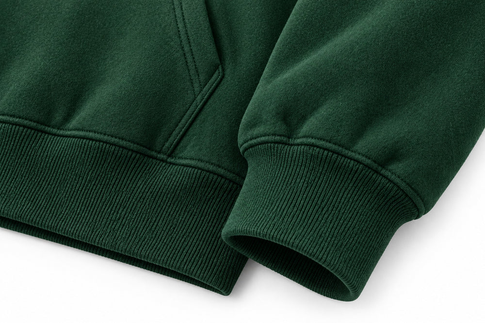 Close-up of the seam stitching of the Outside pine green puff print hoodie