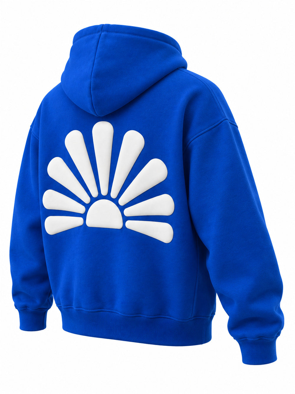Rear three-quarter view of the Rise cobalt blue puff print boxy hoodie