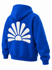 Rear three-quarter view of the Rise cobalt blue puff print boxy hoodie