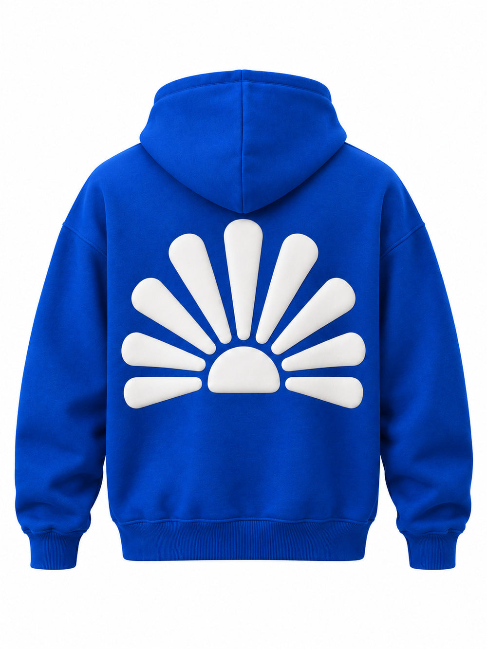 Back view of the Rise cobalt blue puff print boxy hoodie with large rounded white sunburst in puff print