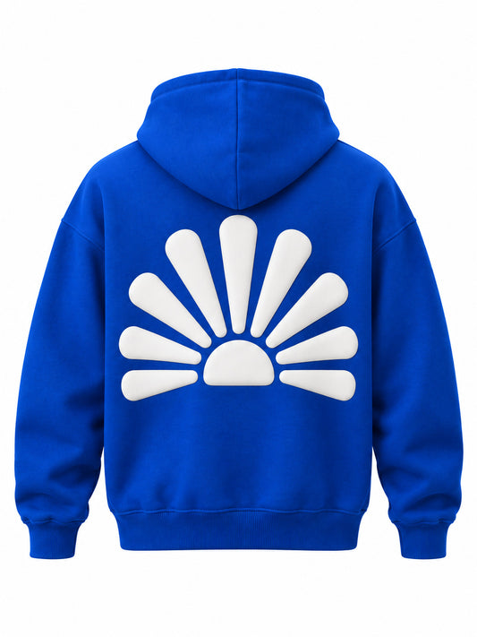 Back view of the Rise cobalt blue puff print boxy hoodie with large rounded white sunburst in puff print