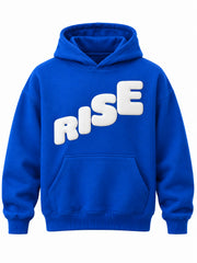 Front view of the Rise cobalt blue puff print boxy hoodie with thick white RISE lettering stepped like a staircase in puff print