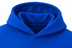 Close-up of the hood and neckline of the Rise cobalt blue puff print boxy hoodie