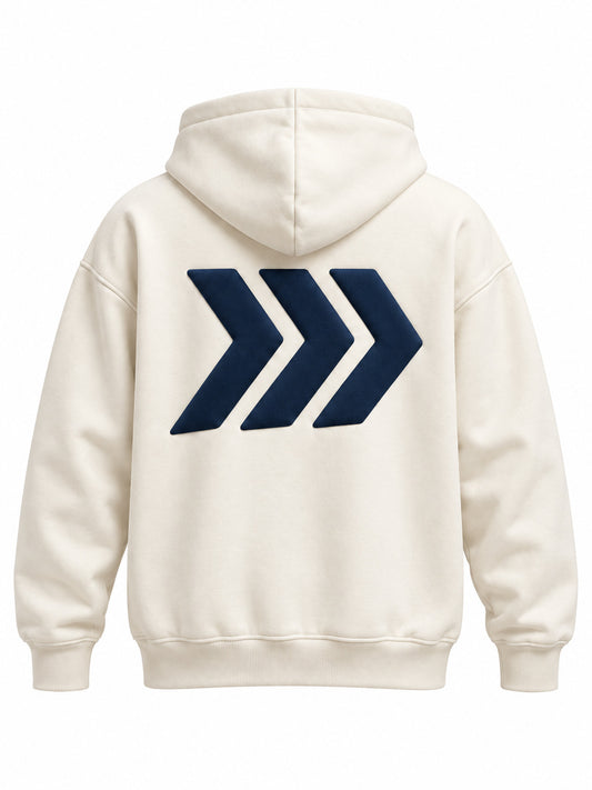 Back view of the Shift Mode ivory puff print oversized hoodie with three angled navy chevrons in puff print