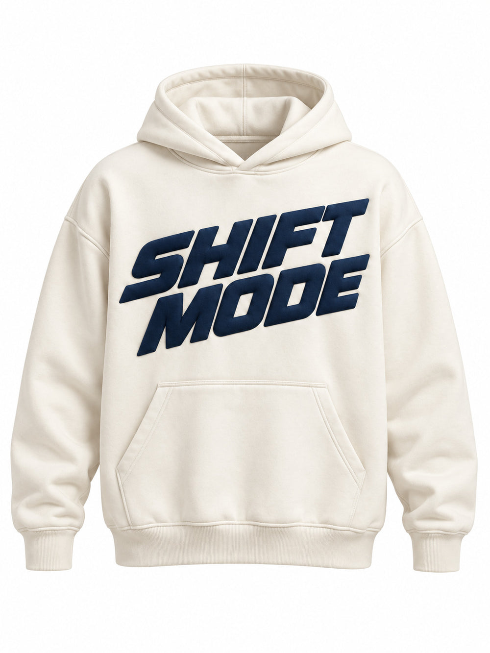 Front view of the Shift Mode ivory puff print oversized hoodie with large slanted navy SHIFT MODE lettering in puff print