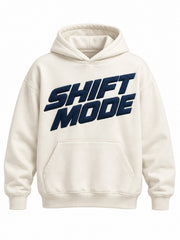 Front view of the Shift Mode ivory puff print oversized hoodie with large slanted navy SHIFT MODE lettering in puff print
