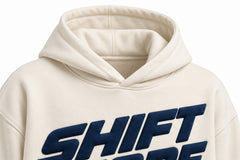 Close-up of the hood and neckline of the Shift Mode ivory puff print oversized hoodie