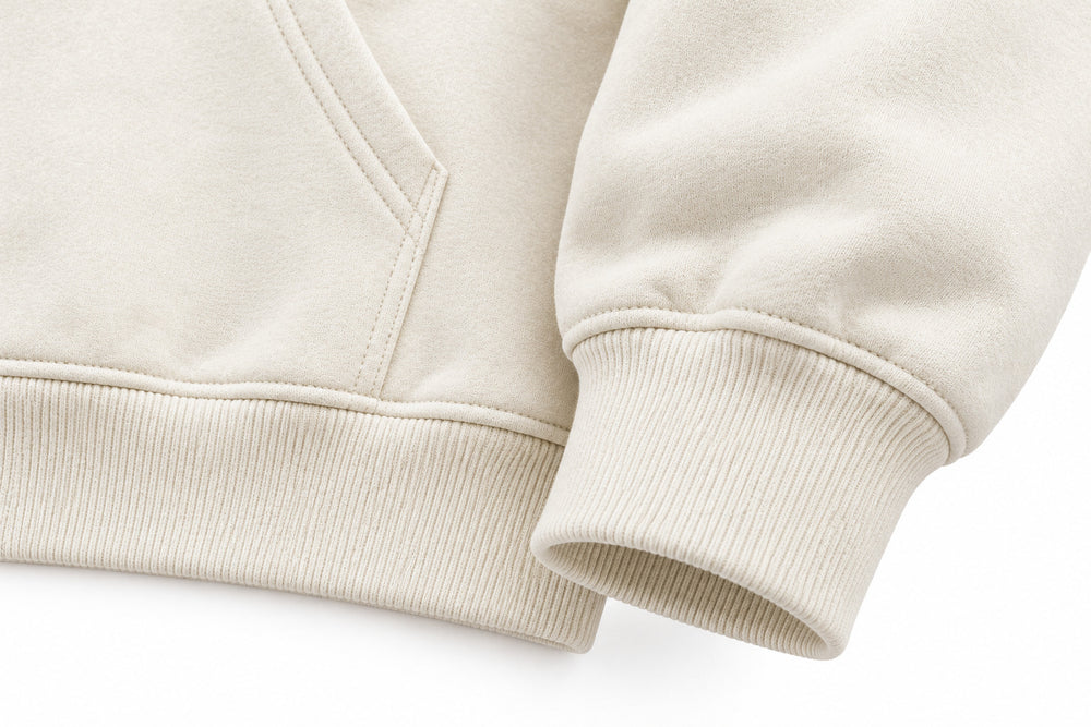 Close-up of the seam stitching of the Shift Mode ivory puff print oversized hoodie