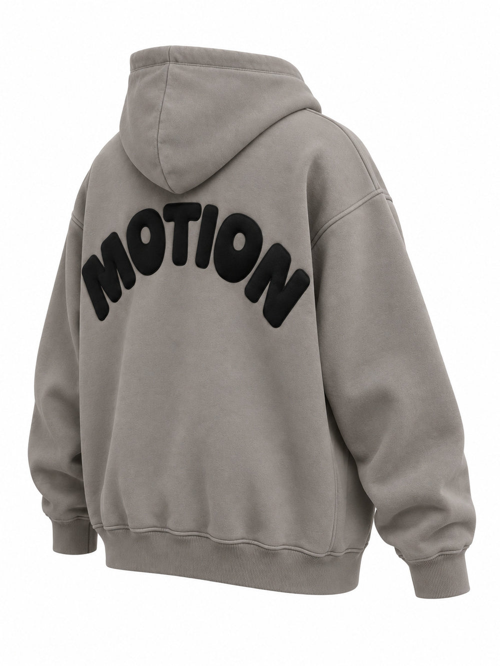 Rear three-quarter view of the Slow Motion warm gray puff print oversized hoodie