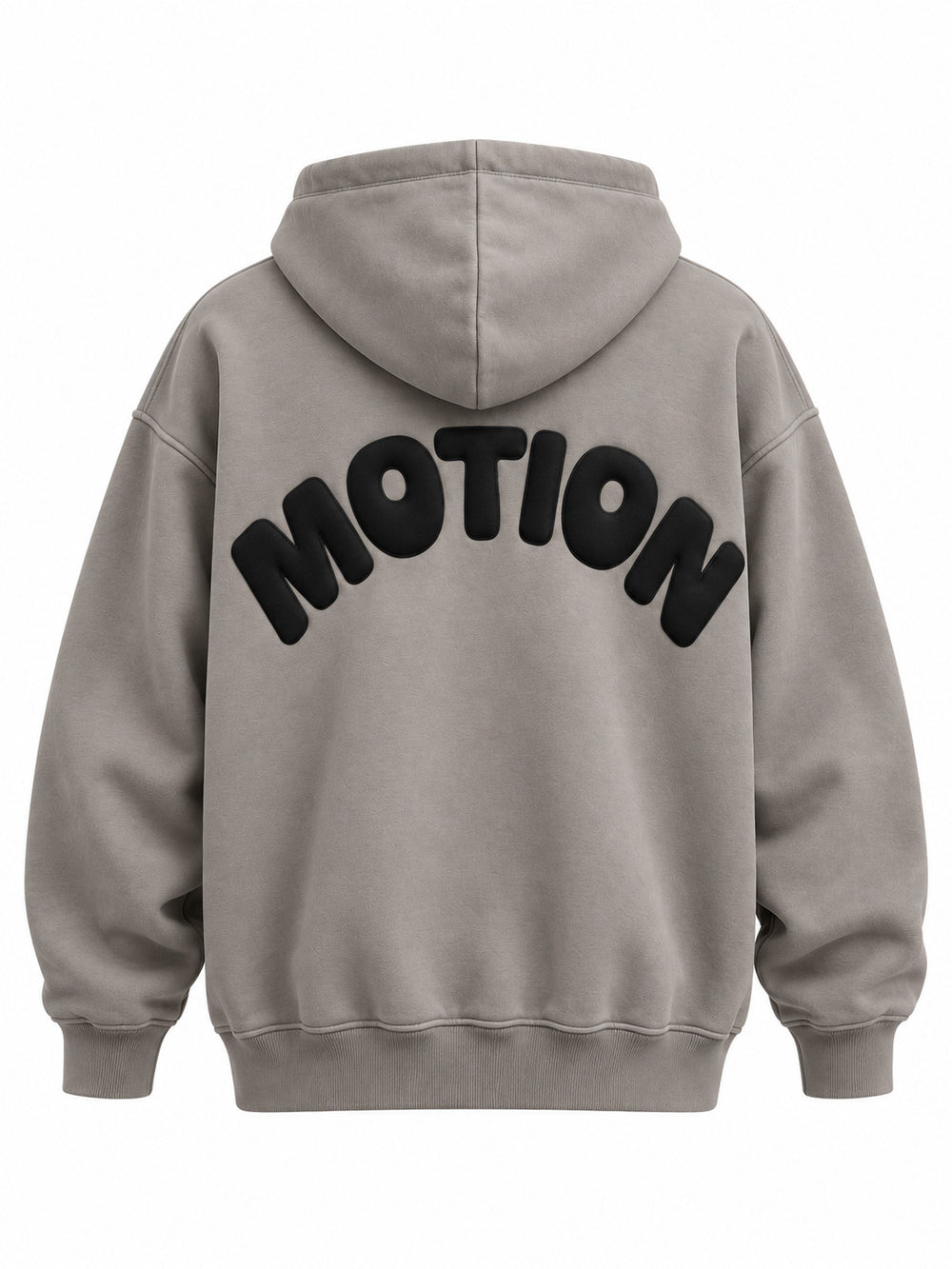 Back view of the Slow Motion warm gray puff print oversized hoodie with large black MOTION lettering curved into a semicircle in puff print