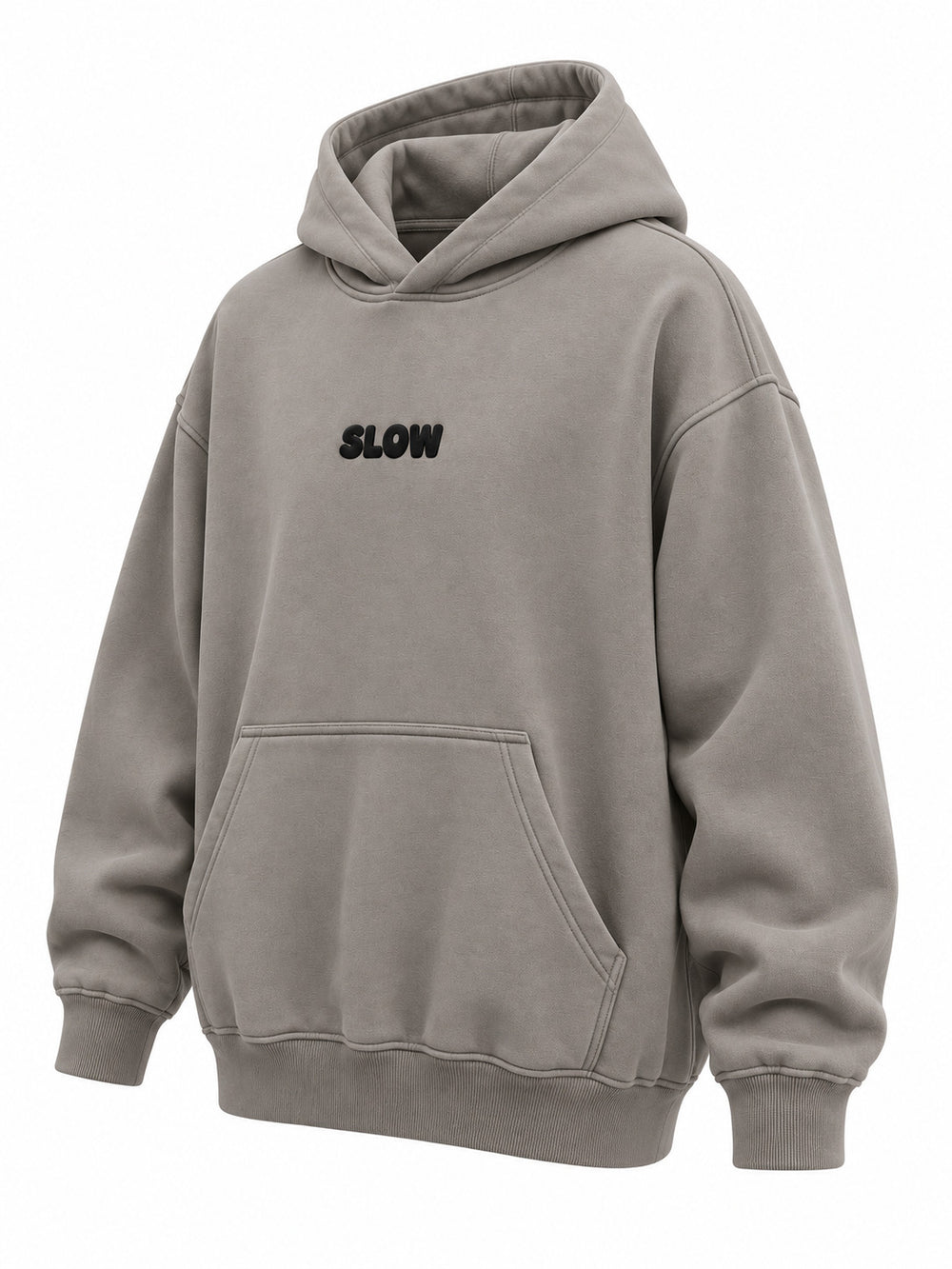 Front three-quarter view of the Slow Motion warm gray puff print oversized hoodie