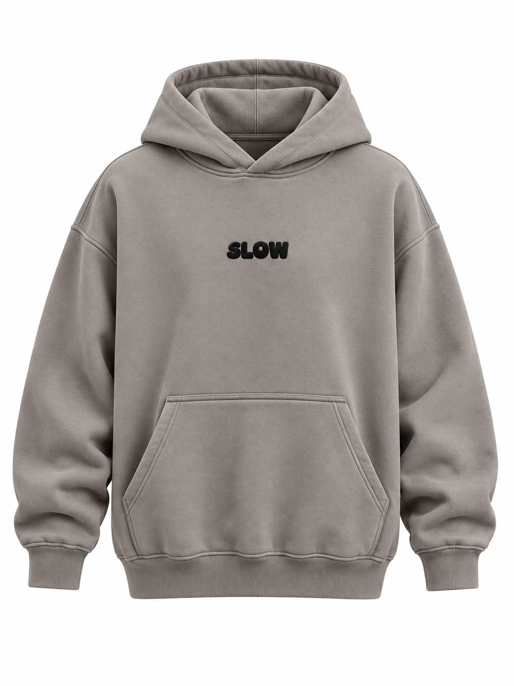 Front view of the Slow Motion warm gray puff print oversized hoodie with small black SLOW puff print above the pocket