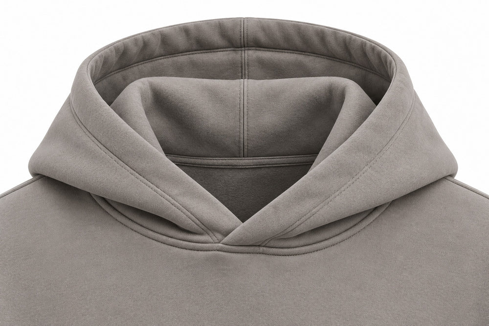 Close-up of the hood and neckline of the Slow Motion warm gray puff print oversized hoodie
