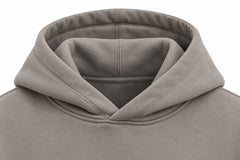 Close-up of the hood and neckline of the Slow Motion warm gray puff print oversized hoodie