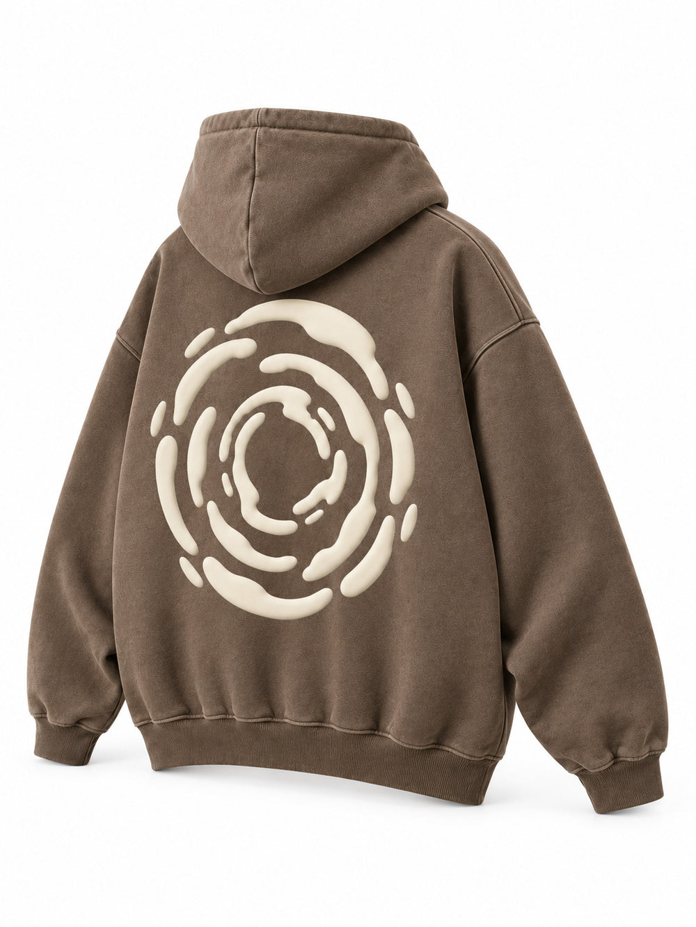 Rear three-quarter view of the Soft Orbit washed mocha puff print oversized hoodie
