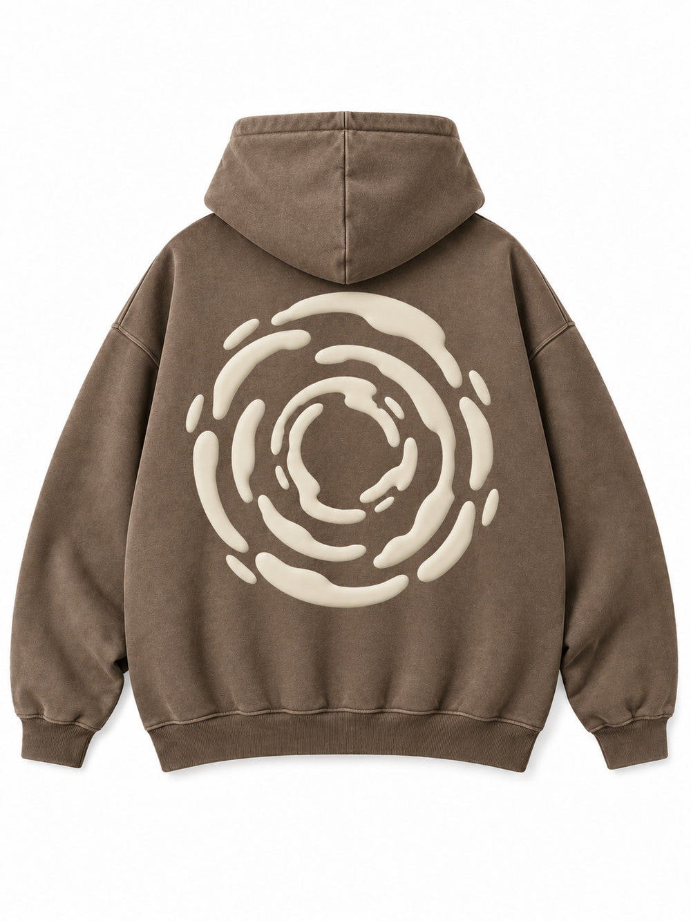 Back view of the Soft Orbit washed mocha puff print oversized hoodie with a large concentric cream orbit print